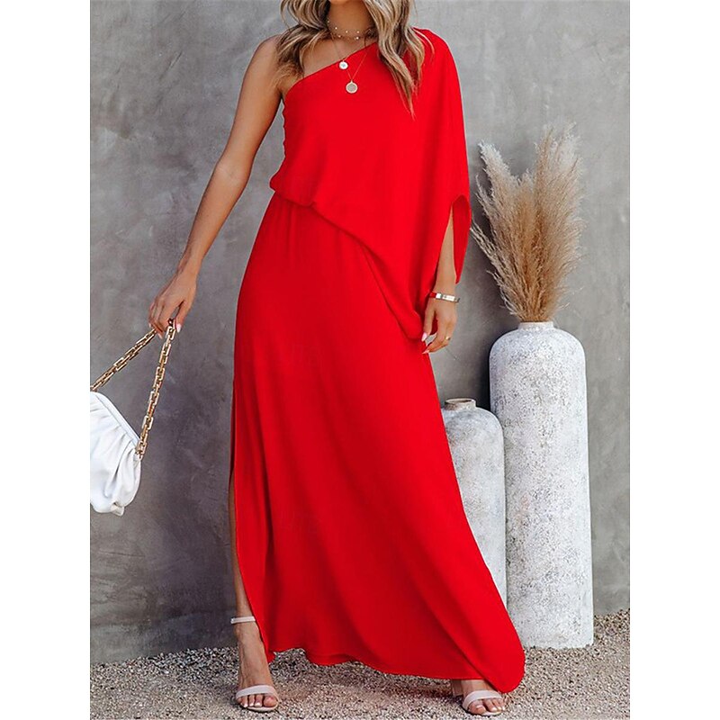 Women's Casual Dress Maxi Dress Split Vacation Streetwear Maxi One Shoulder 3/4 Length Sleeve Black Red Blue Color 6