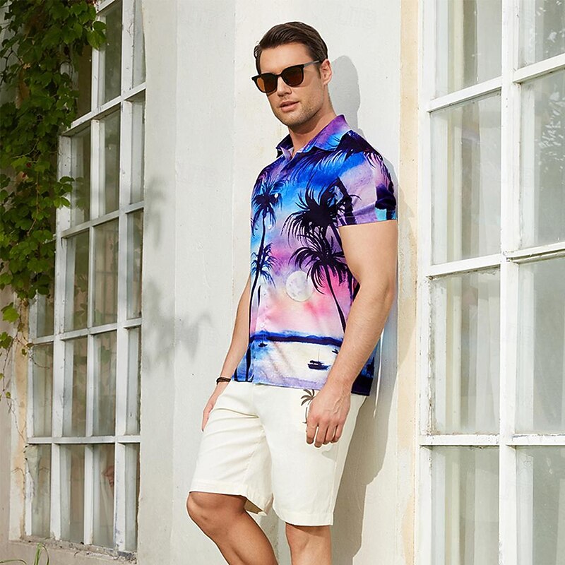 Men's Coconut Tree Tropical Plants Shirt Summer Hawaiian Shirt Aloha Shirt Short Sleeves Shirt Turndown Tropical Fashion Streetwear Street Casual Daily Black+Black Red Purple S M L3
