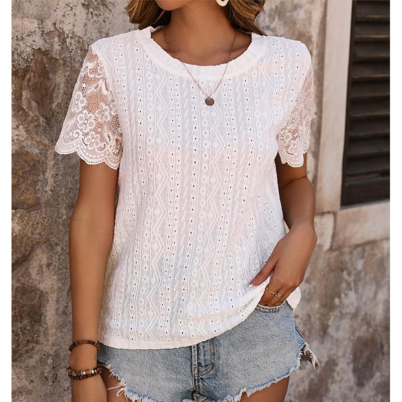 Women's White Elegant Lace Tops Eyelet Blouse Short Sleeve Crew Neck Solid Color Plain Romantic Petite Tops Summer Holiday Wear Semi Formal Blouses2