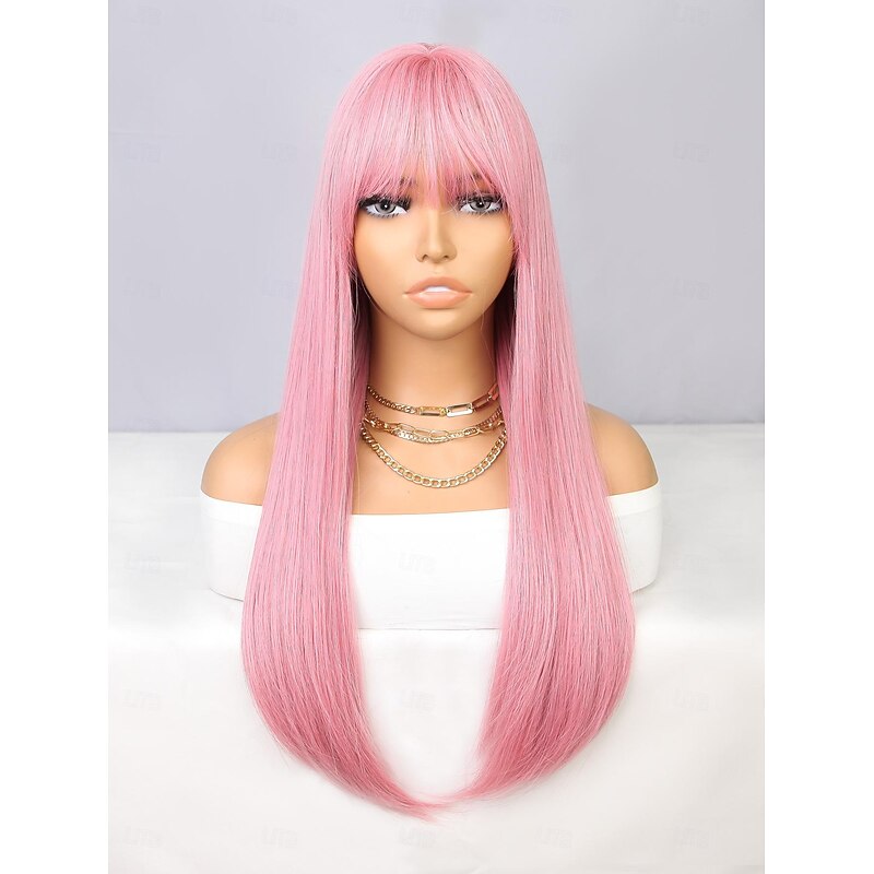Synthetic Wig Natural Straight Neat Bang Wig 24 inch Pink+Red Synthetic Hair Women's Pink2
