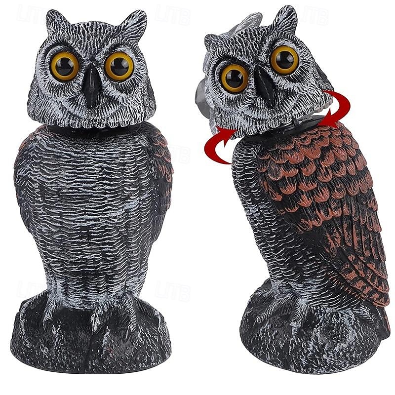 Bird Scarecrow Fake Owl Decoy Sculpture Rotating Head Plastic Owl Bird Deterrents Nature Enemy Horned Pest Repellent for Outdoor Garden Yard