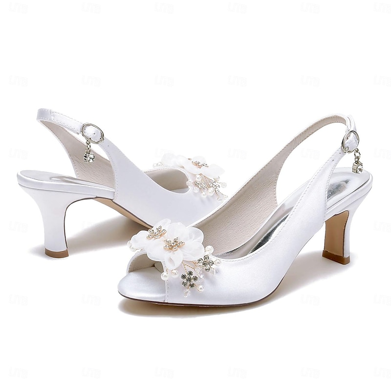 Women's Wedding Shoes Sandals Ladies Shoes Valentines Gifts White Shoes Wedding Party Daily Wedding Sandals Bridal Shoes Bridesmaid Shoes Rhinestone Satin Flower Chunky Heel Peep Toe Elegant Fashion4
