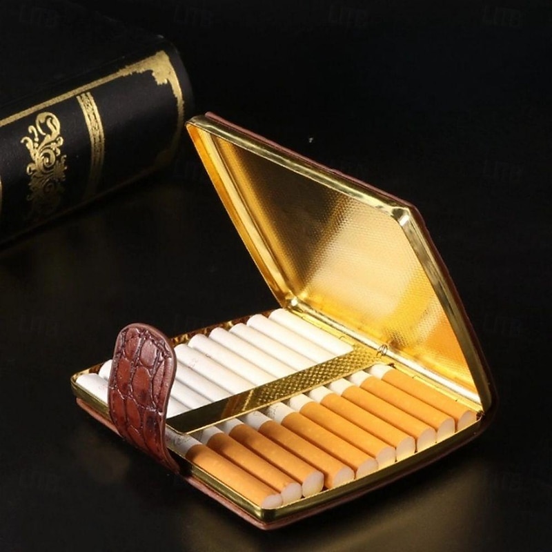 Men's Leather Cigarette Case, Perfect Gift, In-Stock, PU Leather Surface with Metal Clips, Pressure-Resistant Holder,Hold 10 Cigarette