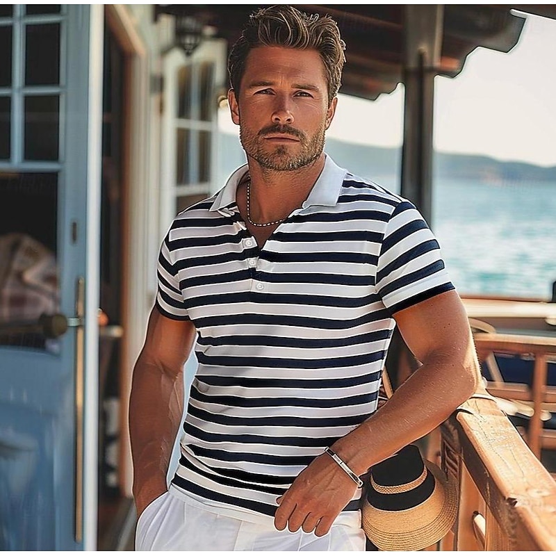 Men's Shirt Striped Horizontal Stripes Casual Cable Knit Polo Short Sleeve Outdoor Causal Casual Summer Print Turndown Black Blue Micro-elastic 48% cotton, 48% polyester, 4% spandex2