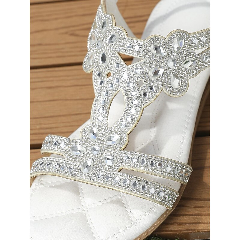 Women's Silver Rhinestone T-Strap Sandals – Boho Flat Wedding Flip Flops for Brides, Beach Ceremonies, and Summer Vacations 28