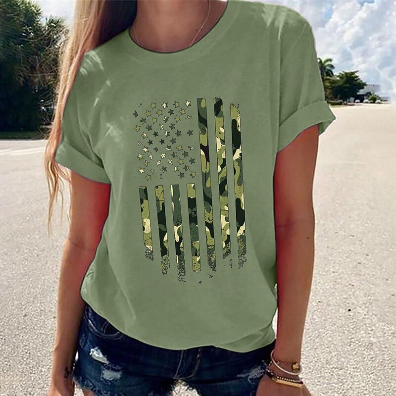 Women's T Shirt USA Casual Short Sleeve Round Neck Regular Tops Vacation Independence Day Print Black White Green Gray Summer2