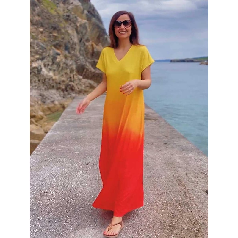 Women's Maxi Dress Casual Dress Sundress Shift Dress Tropical Drop Shoulder Vacation Loose Fit Ombre Rainbow Color Gradient Short Sleeve V Neck Blue Light Purple Orange Summer4