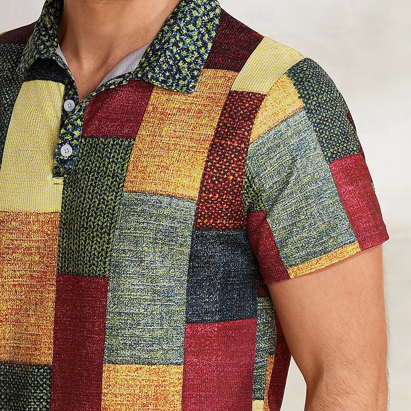 Men's Plaid Waffle Polo Shirts Golf Shirt Short Sleeve Polo Shirts Collared Shirts Vintage Casual Vacation Wear Formal Wear Festival Wear Buttons 3D Print Light Yellow Crystal / Orange Yellow3