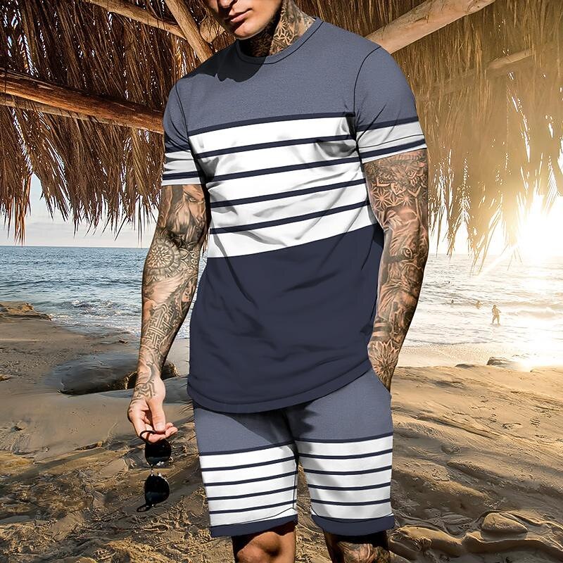 Men's T-shirt Suits 2 Pieces Outfits Tee & Shorts Short Sleeve Crew Neck Summer Color Block Stripes Fashion Casual 2 Piece Vacation Daily Wear Going out Black Navy Blue Red Black Top Tee for Men4