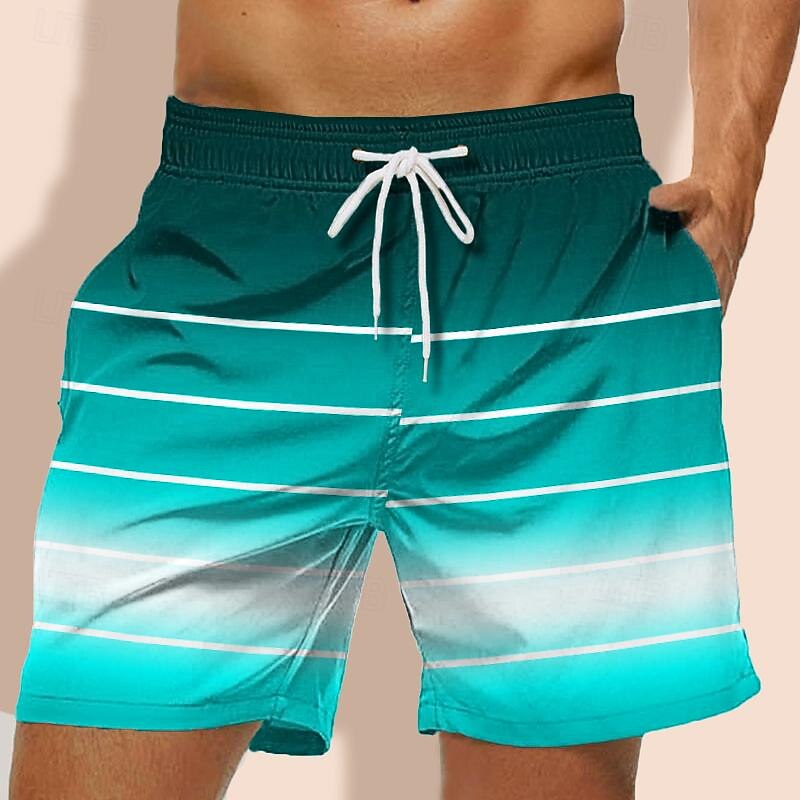 Men's Geometric Stripe Gradient Stripes Swim Trunks Swim Shorts Board Shorts Mid Waist Hawaiian Casual Holiday Beach Drawstring with Mesh lining Elastic Waist Designer Clothing Apparel