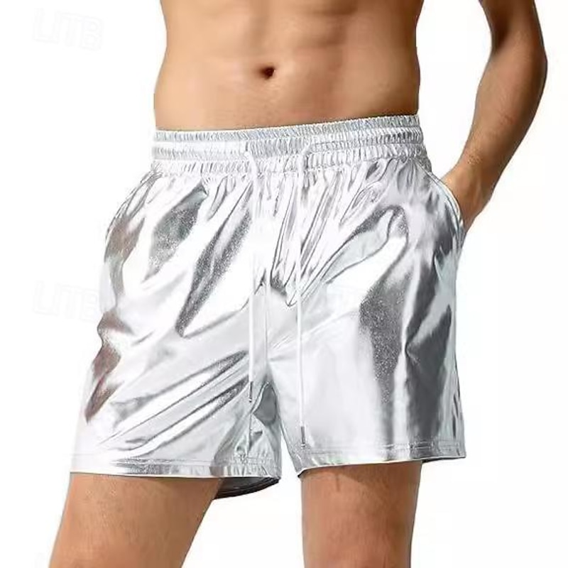 Men's Casual Shorts Faux Leather Shorts Shiny Metallic Solid Colored Sports Short Casual Club Fashion Casual Silver Black Low Waist Micro-elastic