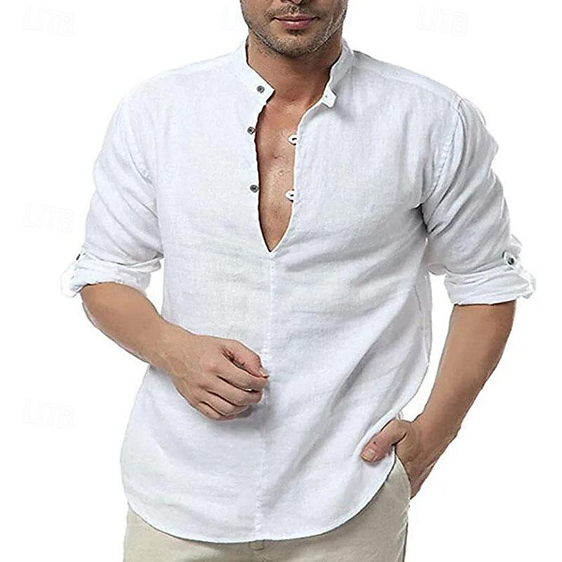 Men's Shirt Chinese Collar Shirt Mandarin Collar Shirt Popover Shirt Casual Shirt Cotton Shirt Plain Vacation Hawaiian Black White Long Sleeve Band Collar Spring &  Fall Clothing Apparel2