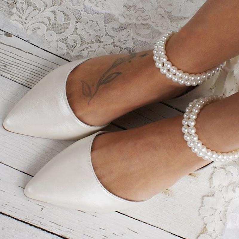 Women's White Pearl Ankle Strap Flats – Elegant Bridal Shoes for Weddings and Special Occasions3
