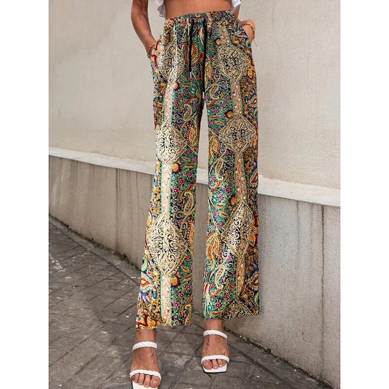 Women's Wide Leg Pants Trousers Casual Daily Long Graphic Paisley Dog Side Pockets Print Elastic Drawstring Design Breathability Comfortable Inelastic Going out Weekend Black & White Black Yellow Gray2