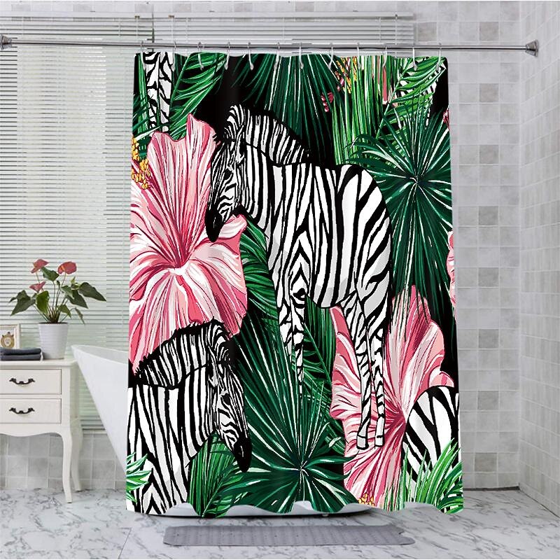 Shower Curtain with Hooks 180cm*180cm(70"*70") Polyester Washable Waterproof Tropical Plant Bird Pattern Bathroom Bathtub Decor4