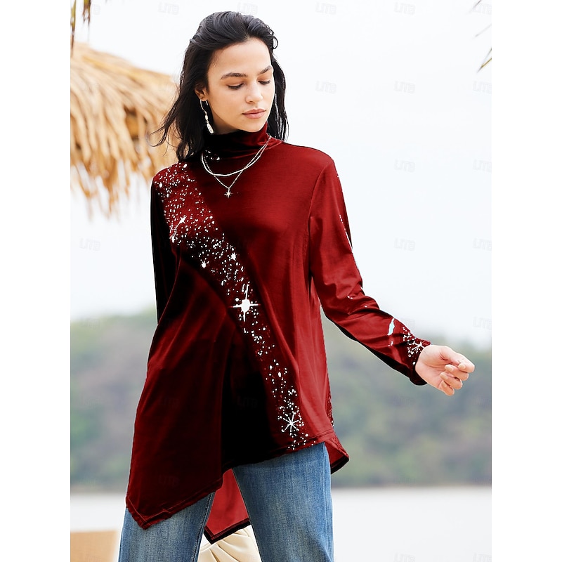 Women's T Shirt Daily Basic Print Long Sleeve Long Tops Turtleneck High Neck Casual Black Red Blue Purple Green Fall & Winter