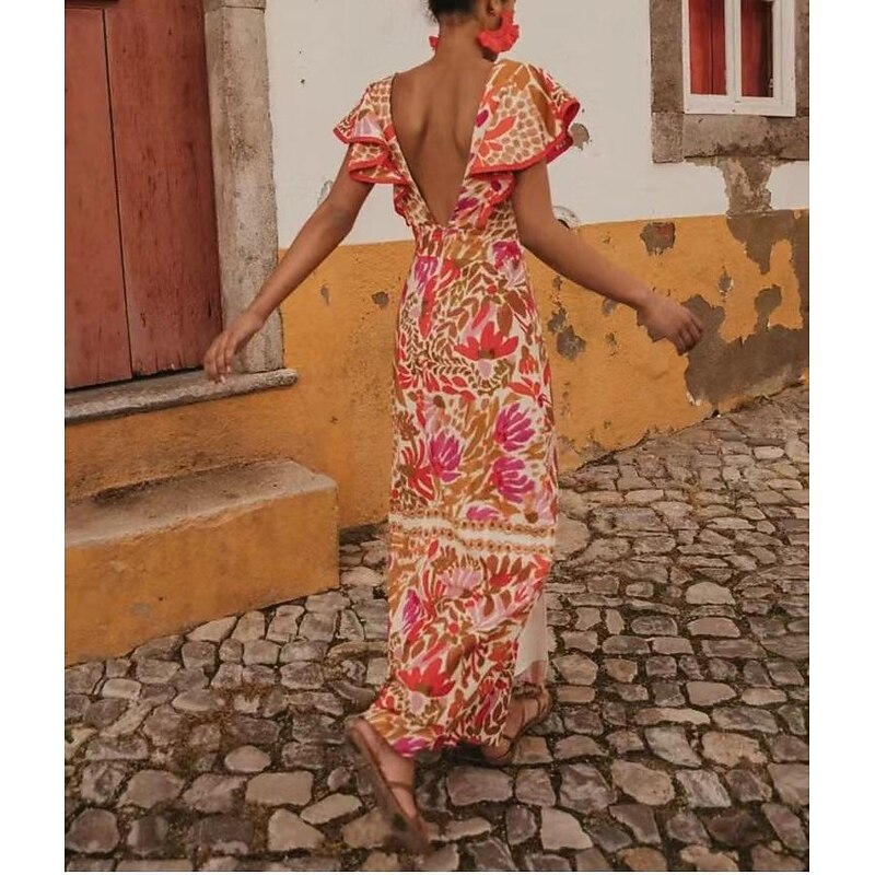 Women's Graphic Color Block Backless Split Thigh V Neck Flutter Sleeve Midi Dress Elegant Stylish Date Vacation Sleeveless Summer2