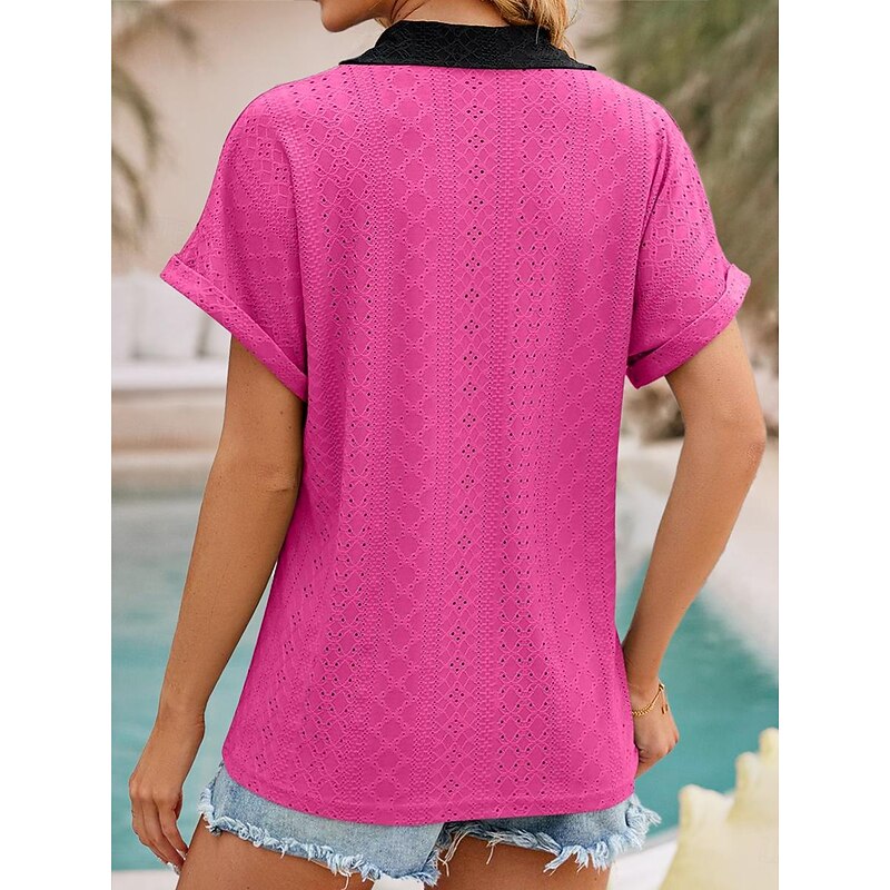 Women's Shirt Tunic Plain Short Sleeve V Neck Shirt Collar Work Daily Sage Green Pink Rose Pink Summer4