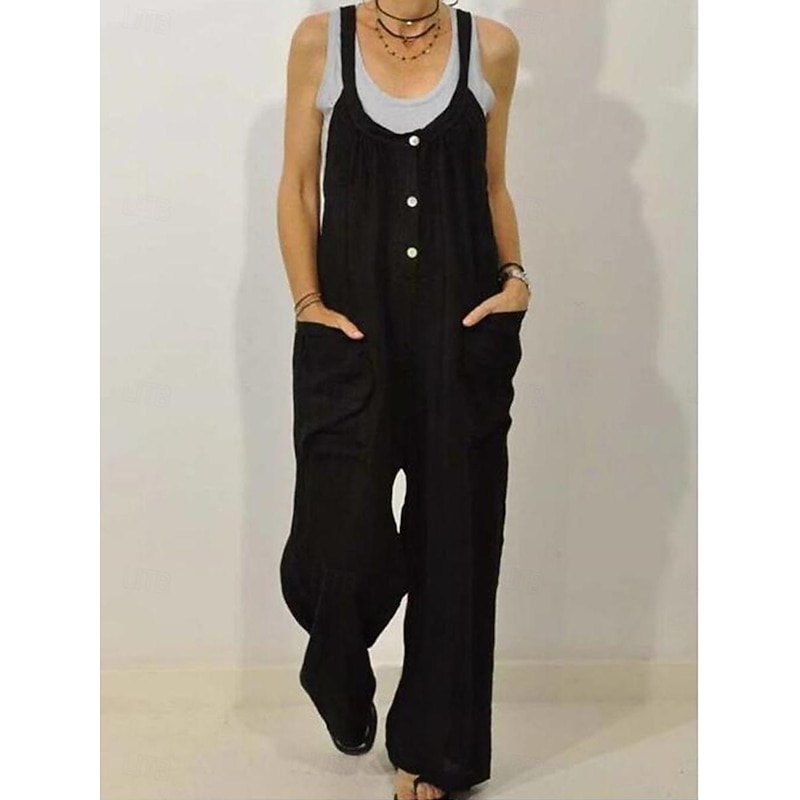 Women's Normal Overall Dungarees Streetwear Solid Color Sleeveless V Neck Buttons Pocket Street Daily Regular Fit Black Khaki Summer3