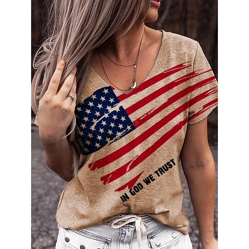 Women's T shirt Tee Print Vacation Independence Day Casual Short Sleeve V Neck Red Summer