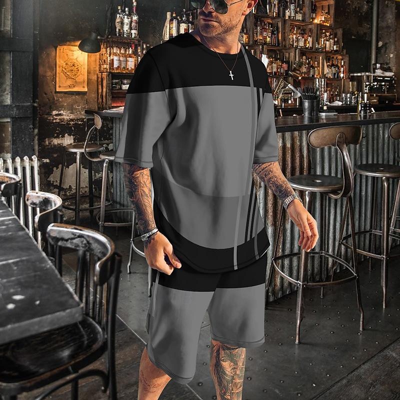 Men's T-shirt Suits 2 Pieces Outfits Tee & Shorts Short Sleeve Crew Neck Summer Color Block Fashion Casual 2 Piece Vacation Daily Wear Going out White Blue Gray Top Tee for Men2