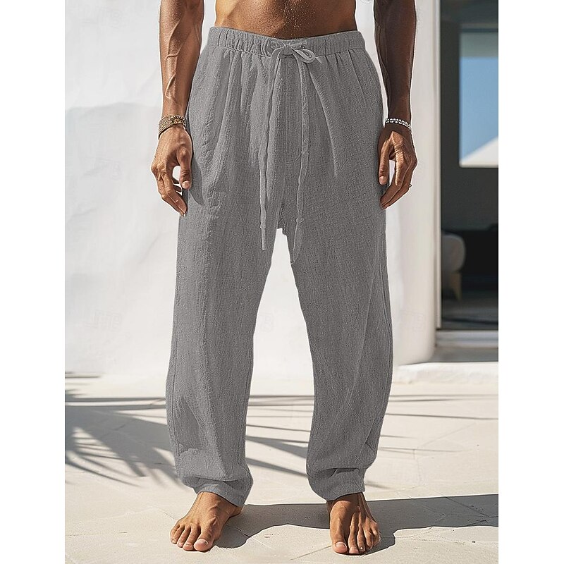 Men's Linen Pants Trousers Summer Pants Front Pocket Straight Leg Plain Comfort Breathable Full Length Casual Daily Holiday Fashion Basic Black White4