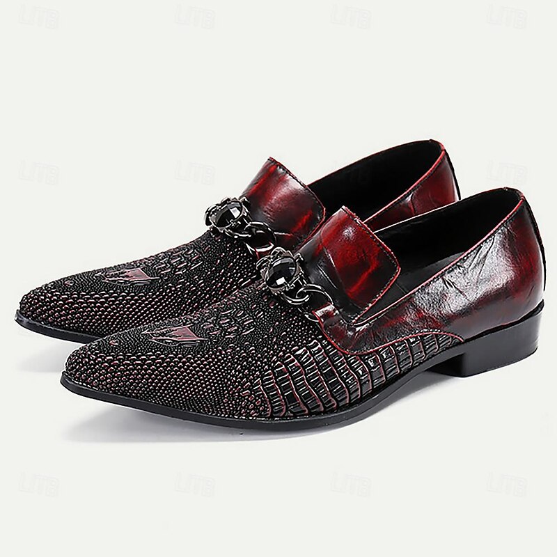 Luxurious Men's Red Leather Dress Loafers with Textured Detail and Chain Buckle2