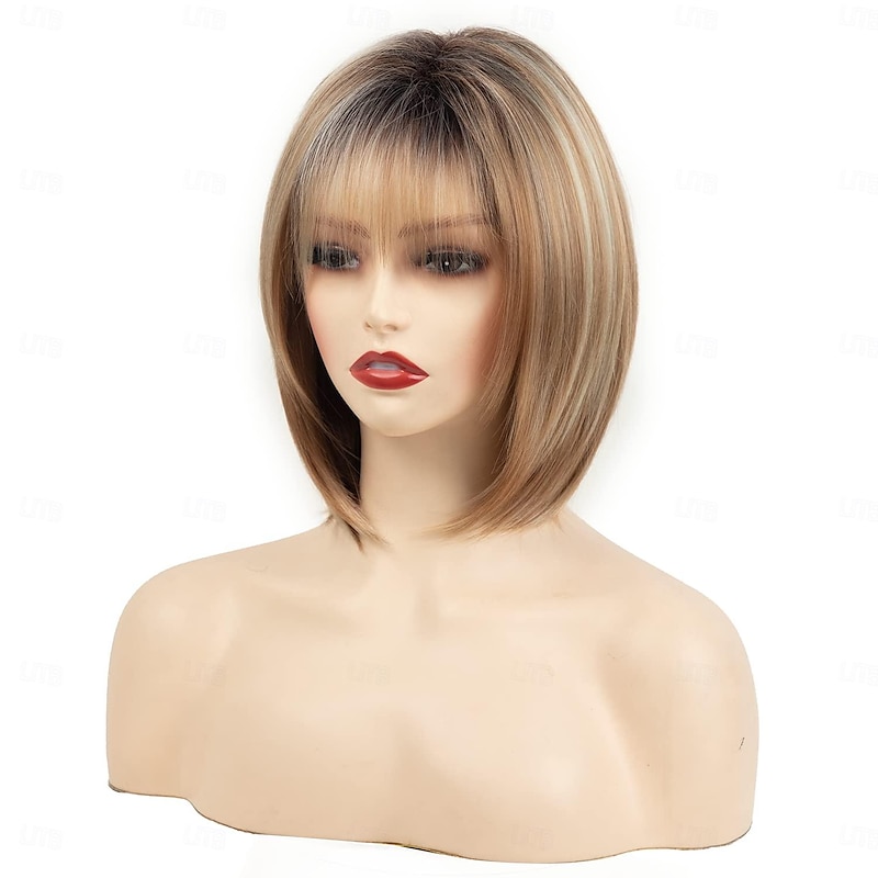 Blonde Highlight Short Pixie Bob Wig with Bangs Straight Ombre Blonde Synthetic Wig with Dark Roots Layered Blonde Wigs for Women3