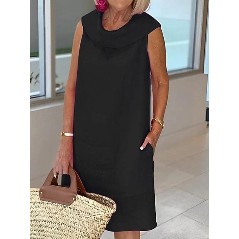 Women's Black Yellow Royal Blue Summer Spring Knee Length Dress Linen-Inspired Dresses Black Dress Casual Dress Basic Modern Daily Weekend Loose Fit Plain Crew Neck4