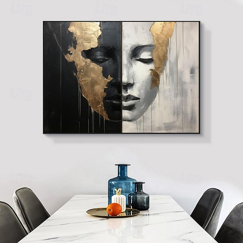 Hand-painted Abstract Girl Faces Paintings On Canvas Black White Painting Figurative Artwork Gold People Painting Minimalist Wall Art for Home Decor Stretched Frame Ready to Hang4