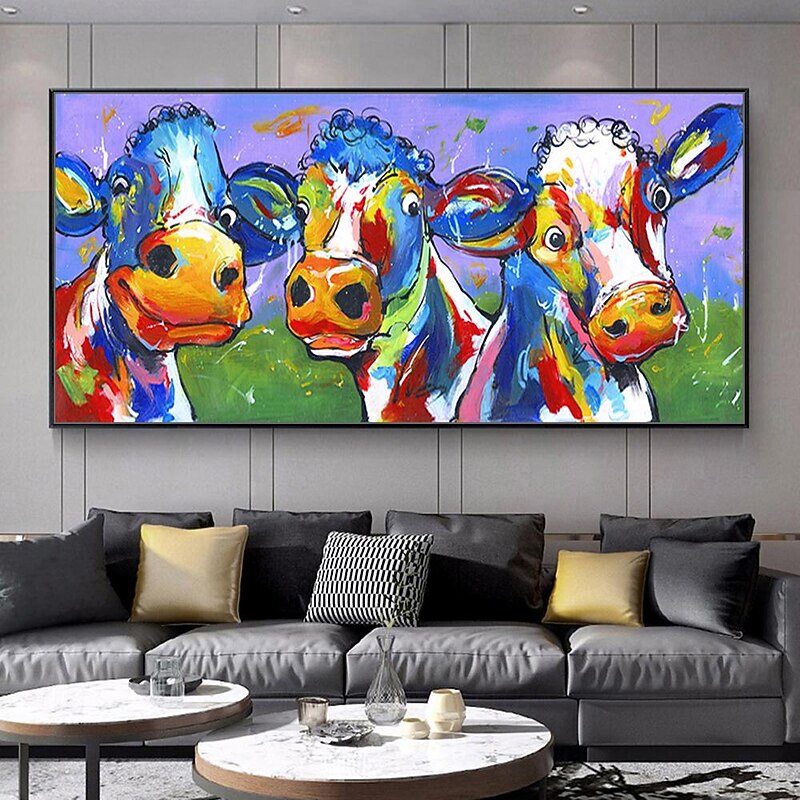 Mintura Handmade Abstract Cow Aniaml Oil Paintings On Canvas Wall Art Decoration Modern Cartoon Picture For Home Decor Rolled Frameless Unstretched Painting2