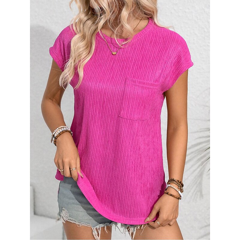 Women's Lace T-shirt Plain Fashion Short Sleeve Crew Neck Regular Tops Vacation Daily Pocket Black White Royal Blue Fuchsia Summer3