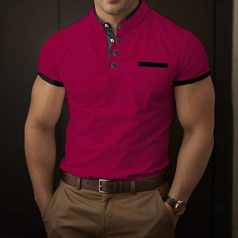 Men's Golf Shirt Golf Polo Work Casual Stand Collar Short Sleeve Basic Modern Color Block Patchwork Button Spring & Summer Regular Fit Wine White Khaki Golf Shirt3