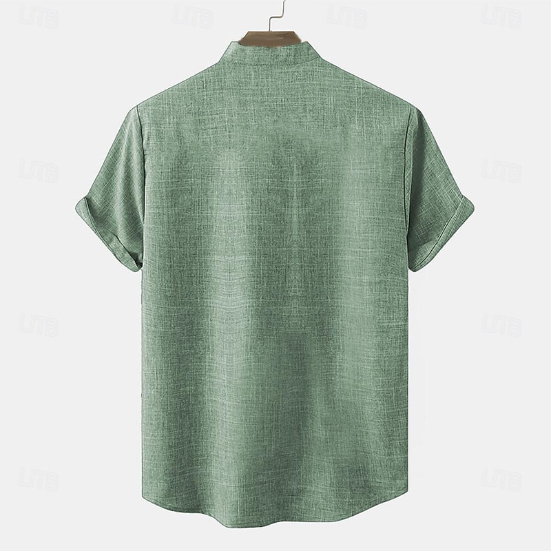 Men's Linen Shirt Henley Shirt Retro Shirts Vintage Shirt Ethnic Shirt Ethnic Vacation Daily Blue Green Khaki Short Sleeve Mandarin Collar Summer Spring Clothing Apparel Print2