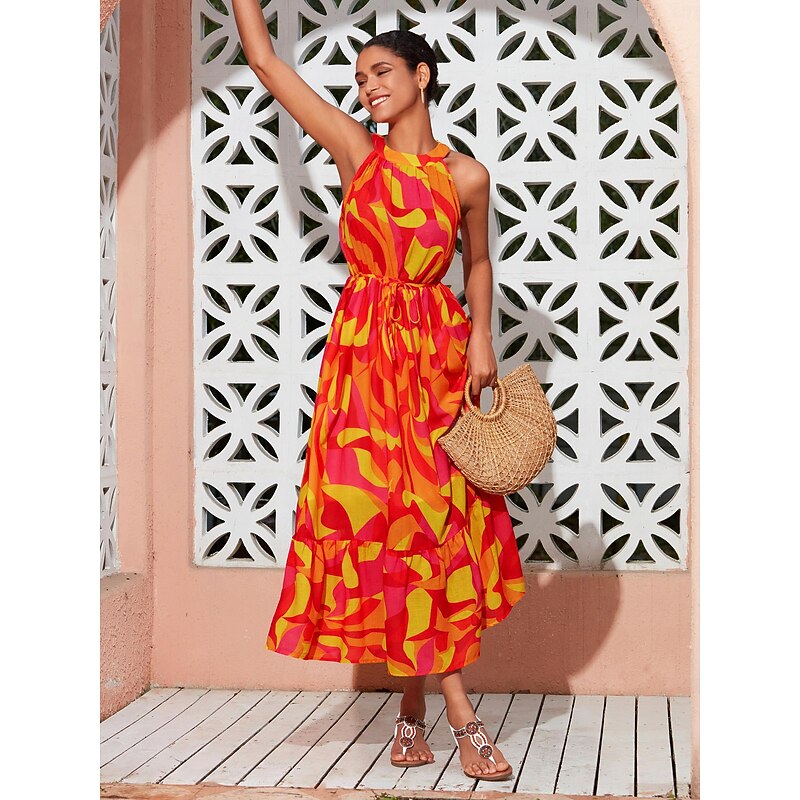 Abstract Print Halter Neck Maxi Dress