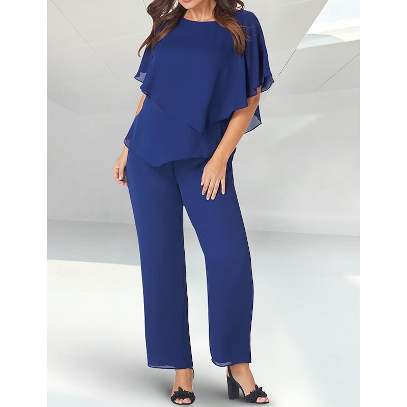 Two Piece Mother of the Bride  Beach Wedding Elegant Petite Jewel Neck Floor Length Chiffon Short Sleeve with Ruched4