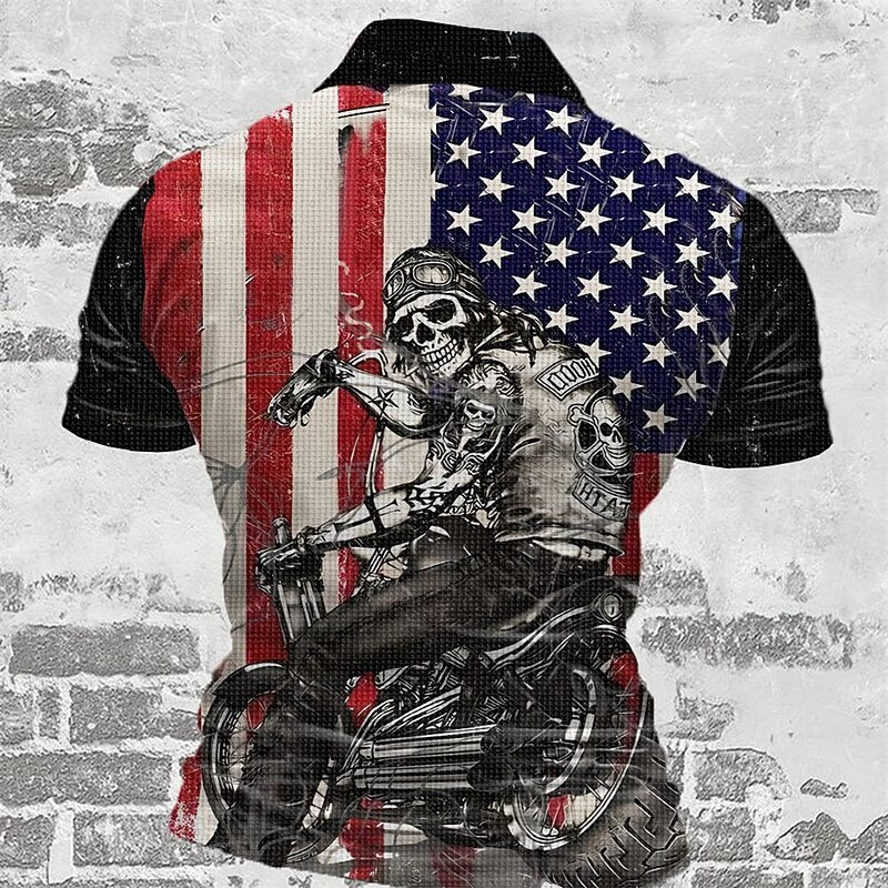 Day of the Dead Men's American Flag Patriotic Waffle Polo Shirts Golf Shirt Short Sleeve Polo Shirts Collared Shirts Streetwear Vacation Wear Party Outfits 3D Print Buttons Summer Spring Black2