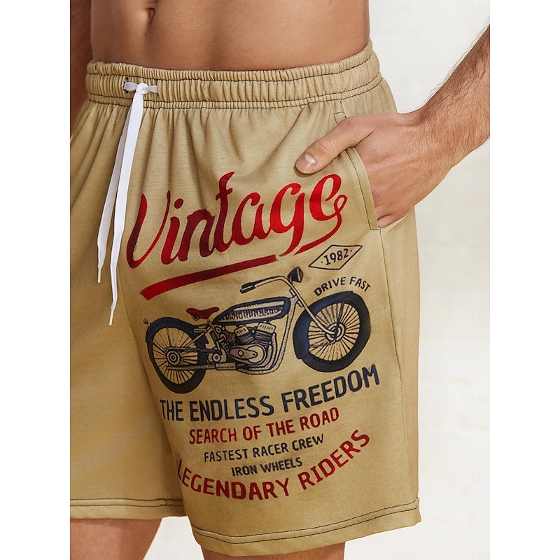 Men's Letter Vintage Motorcycle Sweat Shorts Beach Shorts Terry Shorts Mid Waist Vintage Casual Daily Holiday Streetwear Drawstring Elastic Waist 3D Print Designer Clothing Apparel3