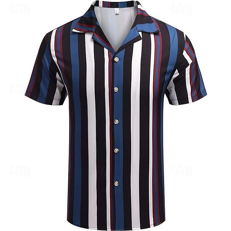 Men's Shirt Summer Shirt Casual Shirt Beach Shirt Button Up Shirt Striped Shirts Blue Green Chocolate Coffee Short Sleeve Stripes Camp Collar Vacation Hawaiian Clothing Apparel Polyester Fashion