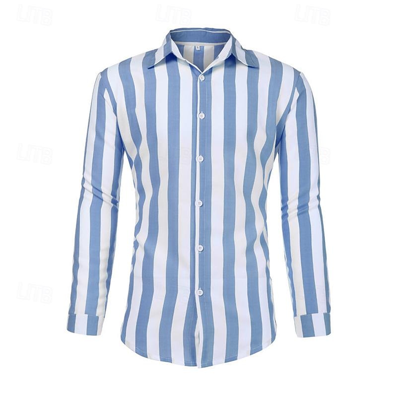 Men's Shirt Summer Shirt Casual Shirt Beach Shirt Button Up Shirt Striped Shirts Black Blue Gray Long Sleeve Stripes Turndown Vacation Hawaiian Button-Down Clothing Apparel Polyester Fashion Casual3