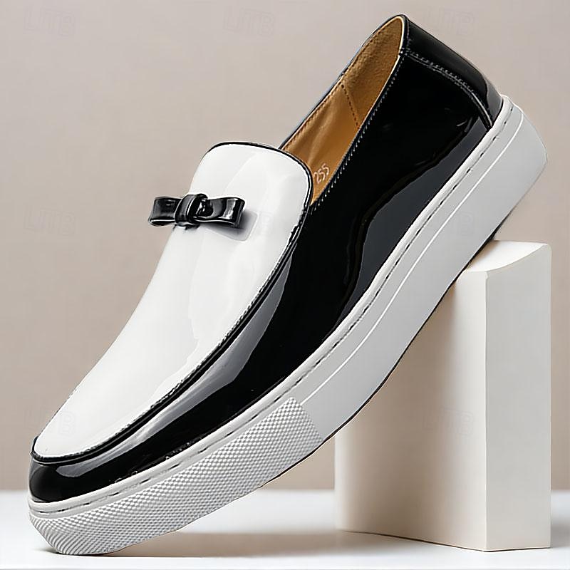 Men's Black and White Patent Faux Leather Loafers with Bow Detail – Stylish Slip-On Dress Shoes for Formal Events and Parties