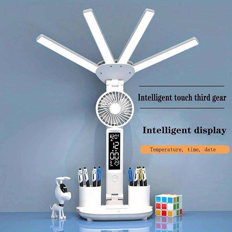 4-Head Fan LED Desk Lamp - Eye-Care, Rechargeable, Smart, Adjustable Brightness for Students - Perfect Reading & Study Light, Space-Saving Design for Bedroom & Desk