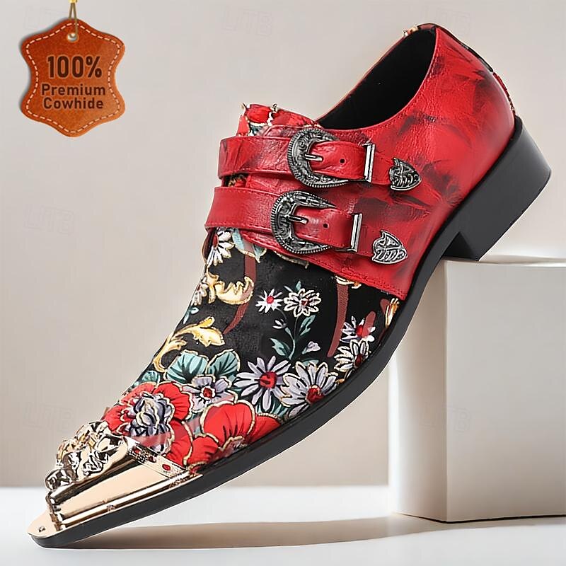 Men's Red Leather Floral Embroidered Double Monk Strap Shoes with Metallic Toe Detail