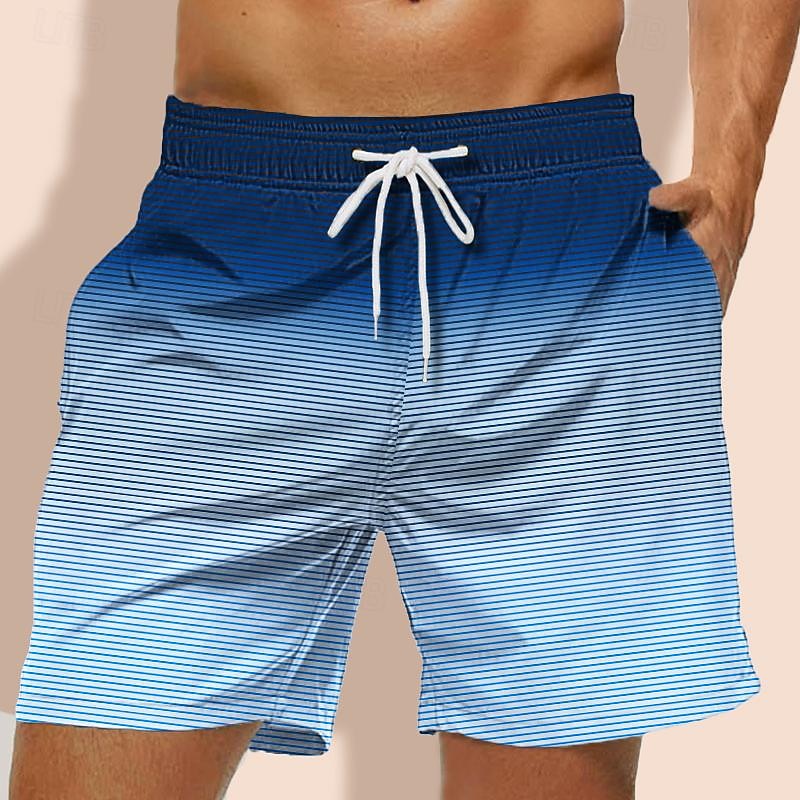 Men's Stripe Geometric Pattern Gradient Stripes Swim Trunks Swim Shorts Board Shorts Mid Waist Hawaiian Casual Holiday Beach Drawstring with Mesh lining Elastic Waist Designer Clothing Apparel