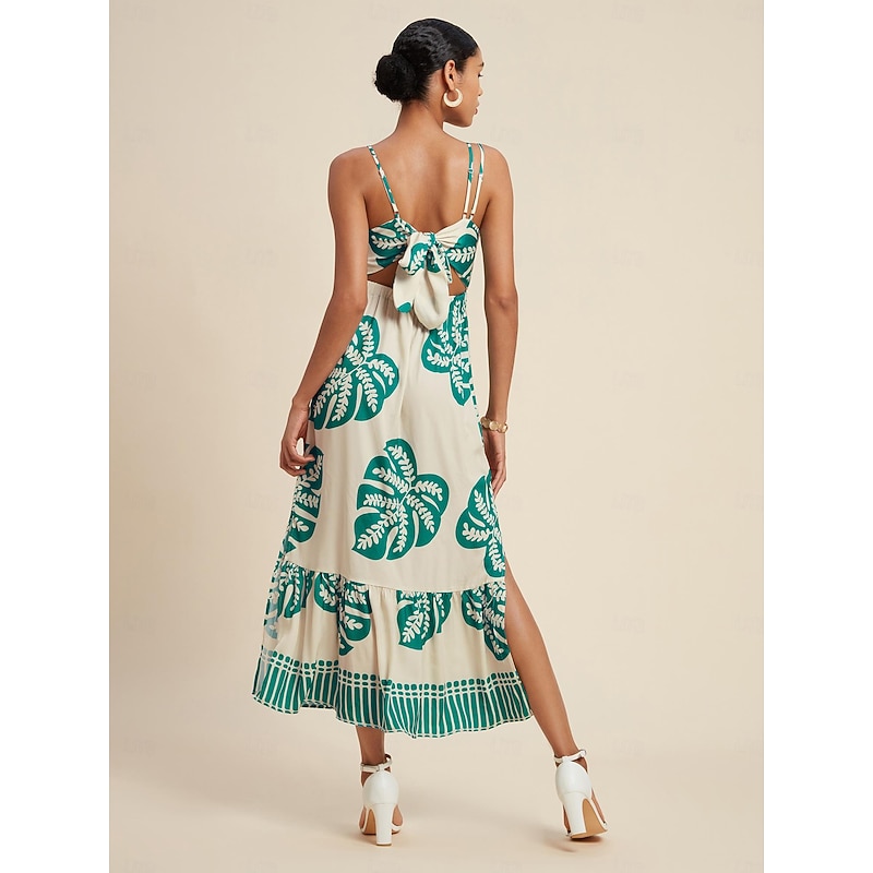 Satin Palm Leaf One Shoulder Maxi Dress2