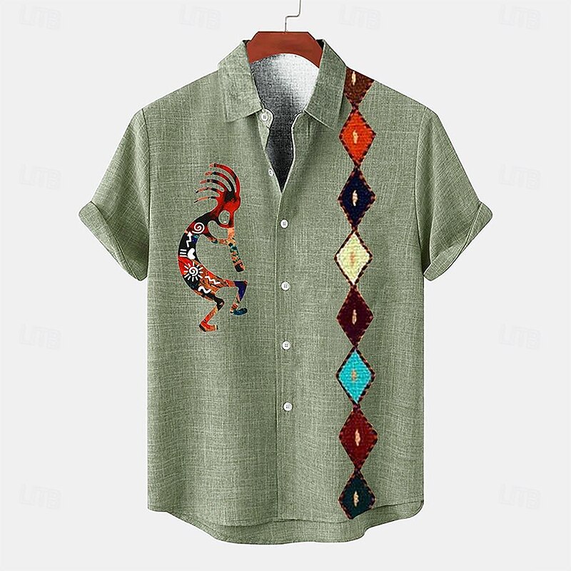 Men's Shirt Linen Shirt Retro Shirts Vintage Shirt Ethnic Shirt Southwestern Print Daily Green khaki Gray Short Sleeve Turndown Summer Spring Clothing Apparel4