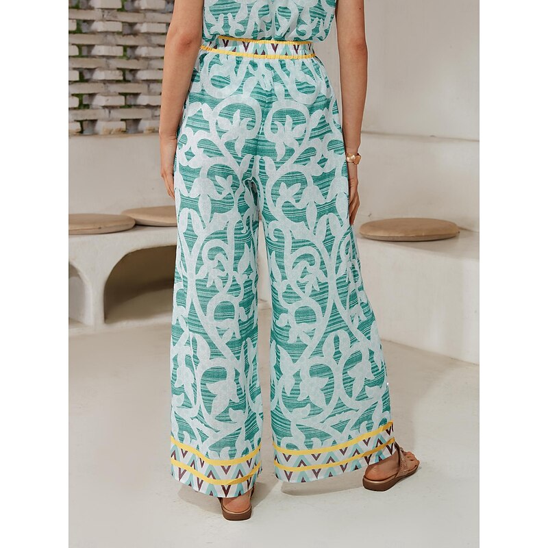 Casual Folk Print Wide Leg Pants2