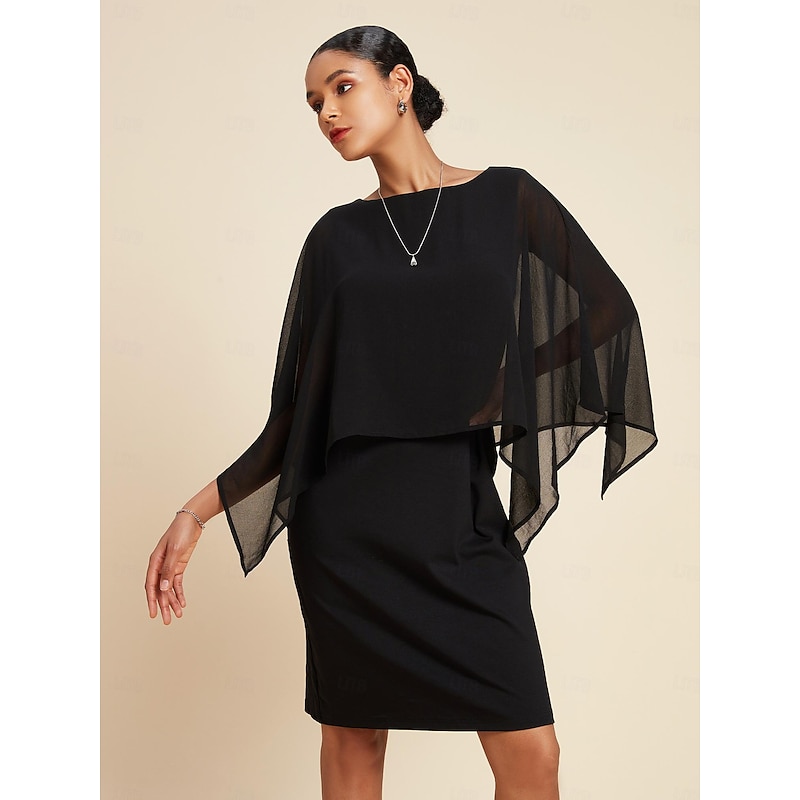Women's Chiffon Wedding Guest Black Dress Loose Cape Mini Dress Bodycon Dress4