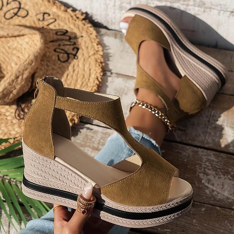 Women's Sandals Wedge Sandals Daily Summer Zipper Wedge Peep Toe Casual Cloth Zipper Black Brown3