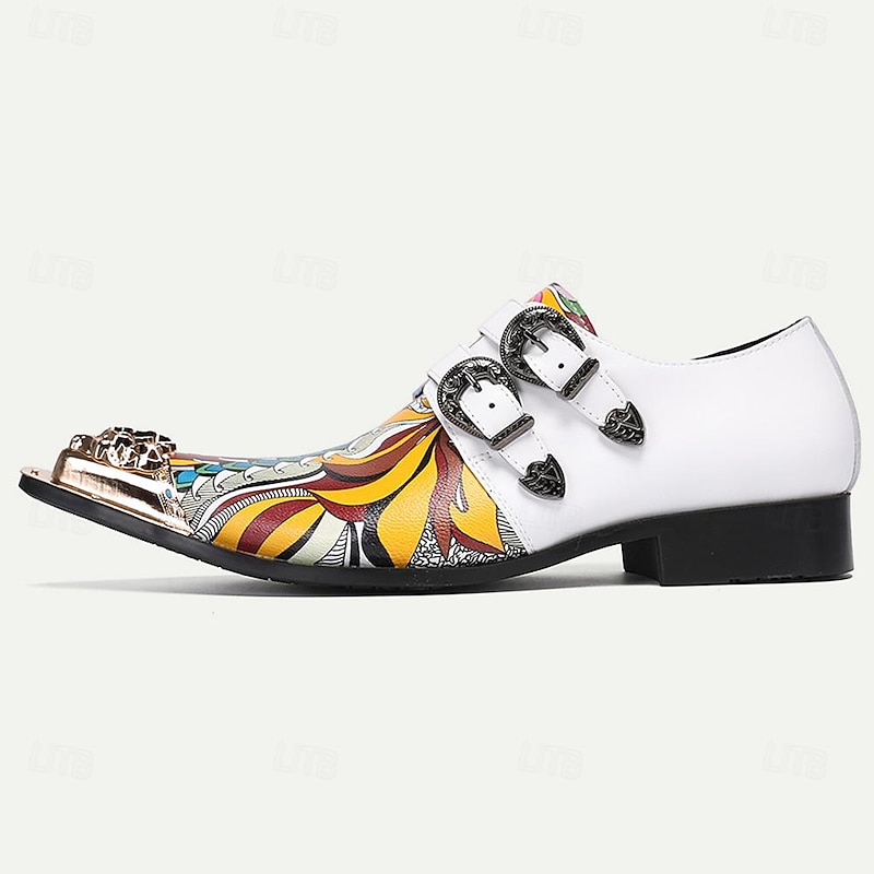 Men's Colorful Printed Leather Double Monk Strap Shoes with Gold Tip Embellished Buckle Detail3
